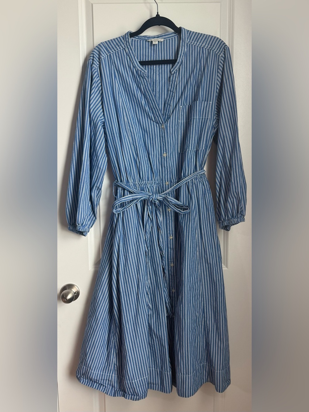 Blue Striped 3/4 Sleeve Button Dress with Self Tie Waist